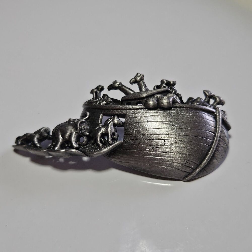 Vintage Matte Silver Tone Noah's Ark Pin Brooch with Animals Signed AJC